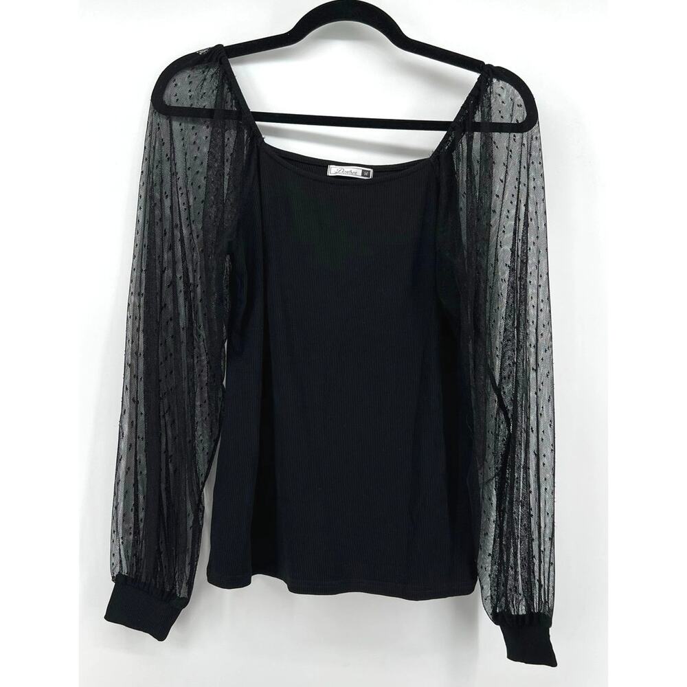Dorose | Black Ribbed Knit Top Sheer Polka Dot Mesh Balloon Sleeves Women's M
